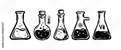Set of hand-drawn laboratory glassware illustrations featuring different flasks filled with liquid for scientific experiments.