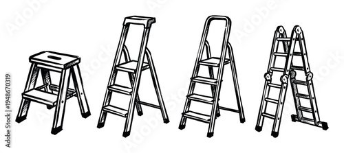 Various hand-drawn step ladders and stools are depicted in a black and white sketch style, illustrating different designs for climbing.
