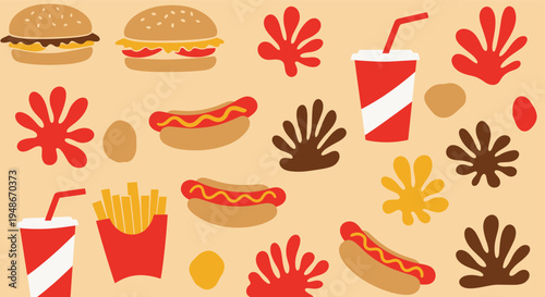 Fast food pattern with burgers hot dogs and drinks