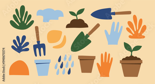 Gardening tools and plant icons set for spring planting