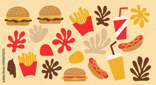 Fast food pattern with burgers fries and hot dogs in flat style