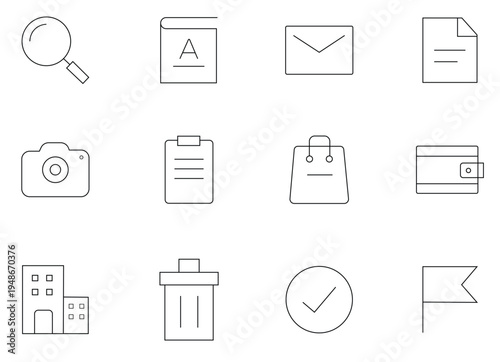 Modern Lifestyle and Retail Line Icon Set including Gift Box, Shopping Bag, Energy Battery, Calendar Schedule, and Restaurant Cutlery with Editable Stroke