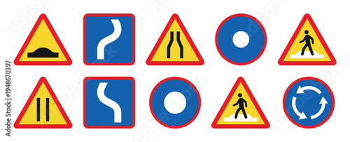 Various road signs featuring symbols for speed bumps, curves, narrow roads, pedestrian crossings, and roundabouts.