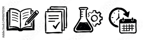 Hand-drawn style icons representing education, documentation, scientific research, and time management concepts for various business and learning applications.