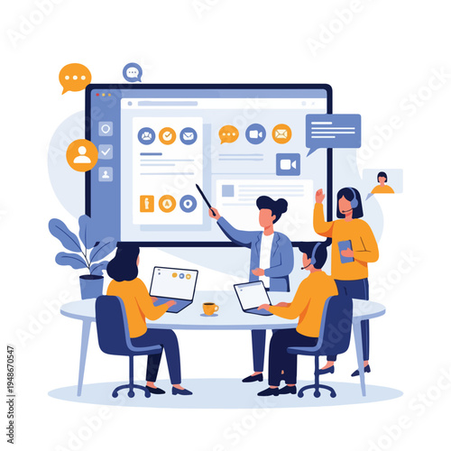 Group of people collaborating around a screen, discussing presentation material