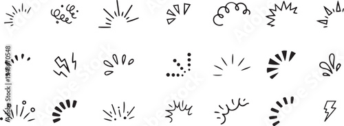 Hand Drawn Explosion Burst Ray Doodle Icons – Surprise Lines, Exclamation Confetti Vector Elements for Headlines