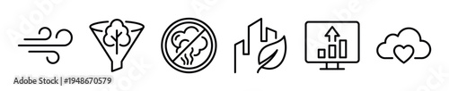 Set of outline icons illustrating concepts of environmental protection, clean energy, sustainable development, and ecological data.
