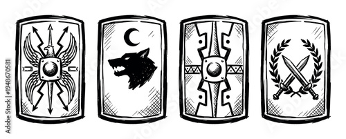 Four ancient Roman legionary shields with distinct historical emblems and decorative patterns are depicted in a hand-drawn, black and white illustration.