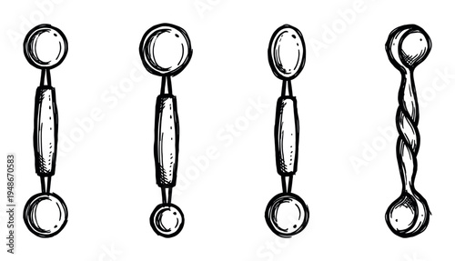 Hand-drawn sketch illustration of four different honey dippers, each with a unique design for serving sweet treats.