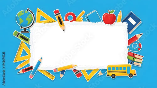 Back to school educational background with torn paper copy space, colorful flat vector school supplies, school bus, globe, and apple on blue background.