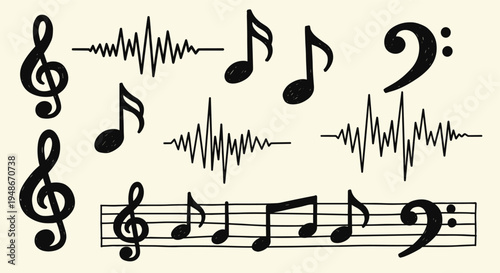 Hand drawn musical notes and sound wave symbols set