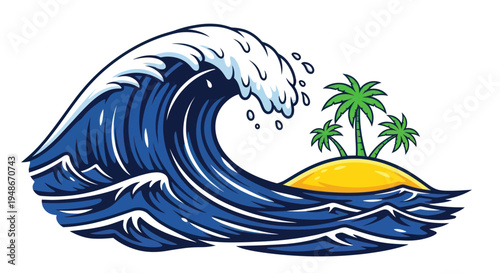 Crashing Ocean Wave Surrounds Tropical Island Paradise