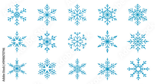 Collection of Blue Snowflakes on White Background