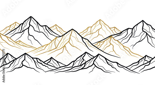 Stylized Mountain Range Panorama - Gold and Black Outline Illustration