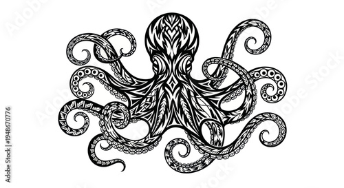 Tribal Tattoo Octopus Silhouette, Black and White Intricate Design