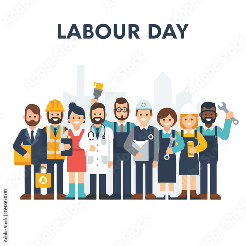 Group of diverse workers celebrating Labor Day, standing in front of a city