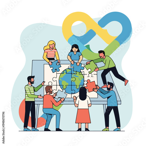 Group of people putting together a world map puzzle