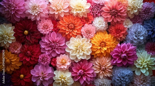 dense close-up of multicolored dahlia blooms with layered petals, vibrant cheerful abundance