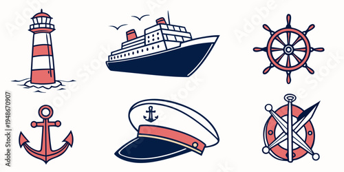 a set of nautical icons including a lighthouse ship anchor and steering wheel Vector
