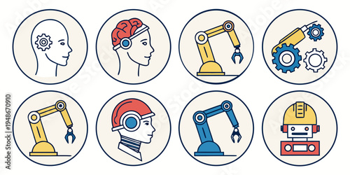 icons of industrial workers and robotic arms Vector