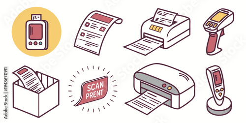 icons of office supplies and printing equipment Vector