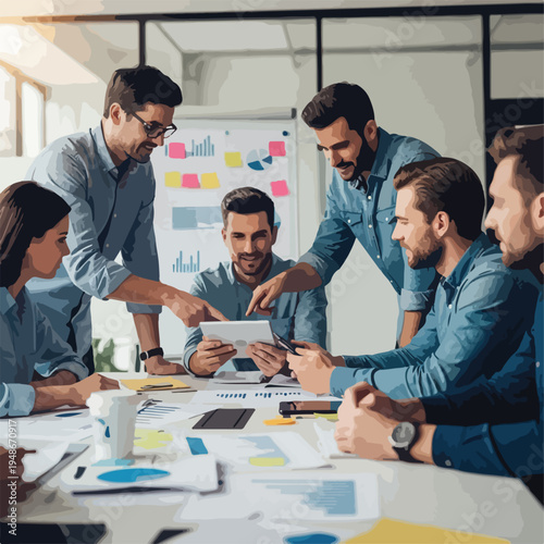 Group of people collaborating around a table looking at a tablet