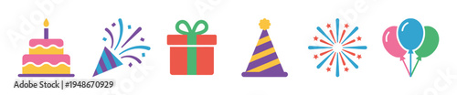 Vibrant collection of festive party icons including a birthday cake, gift, balloons, and fireworks, perfect for celebrations.