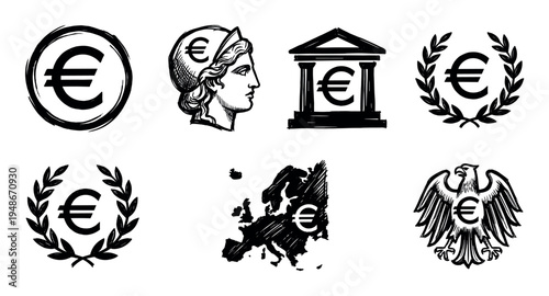 Hand-drawn illustrations depicting various Euro currency symbols and European financial and economic concepts in a sketch style.