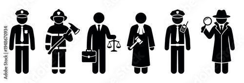 Stick figures depicting essential public service and legal professionals standing in a row, representing various important occupations.