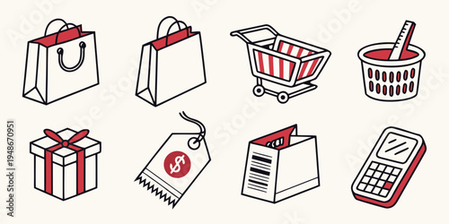 a collection of shopping icons including bags and a calculator Vector