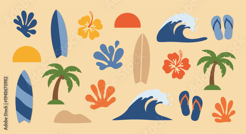 Summer beach vacation elements set with surfboards and tropical flowers