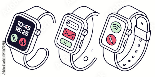 three smartwatches with different screen displays Vector