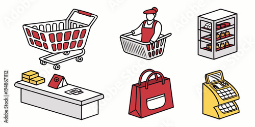 shopping cart and bags with food and products Vector