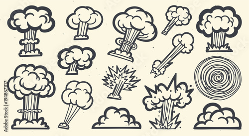 Set of hand drawn cartoon explosion and smoke cloud elements