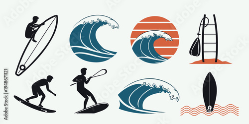 collection of surfboard and surfing icons Vector