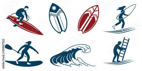 various surfing and paddle boarding icons Vector