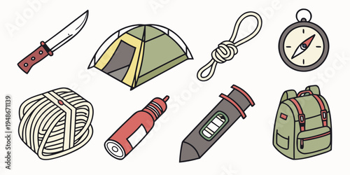 a collection of camping gear and outdoor equipment Vector