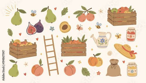 Hand drawn harvest elements set with fruits and garden accessories