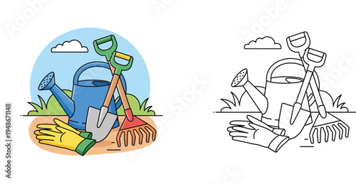 Cute cartoon gardening tools set with watering can shovel rake and gloves for children coloring page illustration