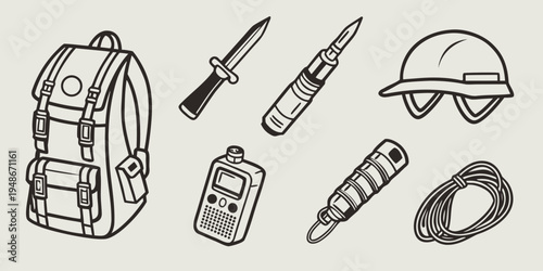 a set of hiking and safety equipment Vector