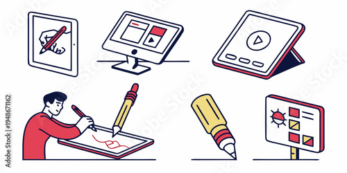 a set of illustrations of people using digital devices and stationery Vector