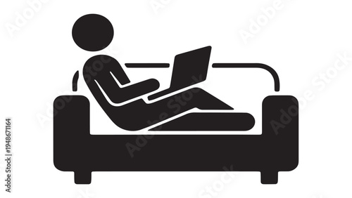 Black silhouette of person reclining on sofa with notebook, home office and telecommuting symbol isolated on white.