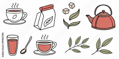 a set of tea icons including a kettle and cups Vector