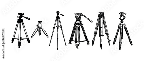 Detailed hand-drawn illustration showcasing a variety of camera tripods, each with unique designs and adjustable features for photography.