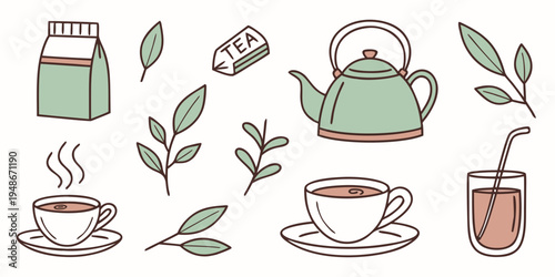 a collection of tea and coffee items with leaves Vector