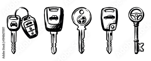 Hand-drawn collection of various car keys, including modern remote fobs and traditional designs, representing vehicle access and security.