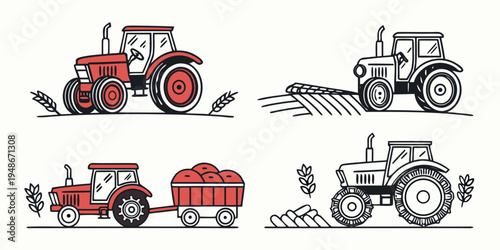 four different tractors on various backgrounds Vector