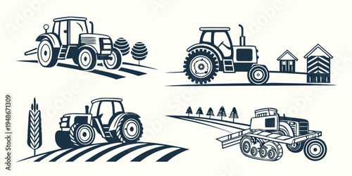 four different tractors are shown in various agricultural scenes Vector