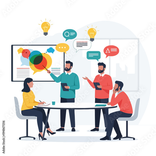 Group of people in a meeting presenting ideas and brainstorming