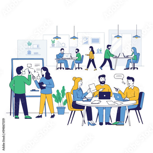 Group of people in a meeting room with desks and a whiteboard